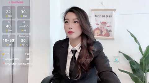 Media: Video of a young Asian woman with long, wavy brown hair in a black suit, sitting in an office with a digital thermometer and health poster.