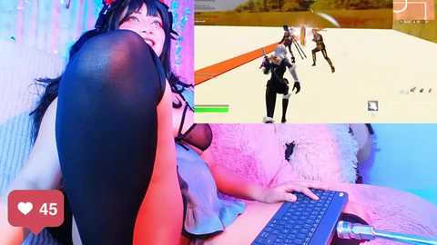 Video collage featuring a young Asian woman with black hair, wearing a black dress and black stockings, playing a video game; another scene shows a character in a gaming environment.