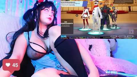 Media: Video collage featuring a cosplay of Overwatch's Widowmaker with black hair, blue dress, and revealing black bra, alongside a virtual reality scene of the same character in a game.