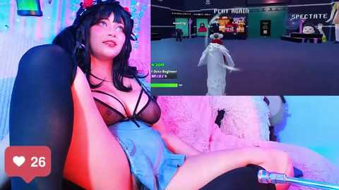 Media: A digital video showcasing a plus-sized woman with black hair in a pink and black lingerie set, sitting in a VR gaming environment.