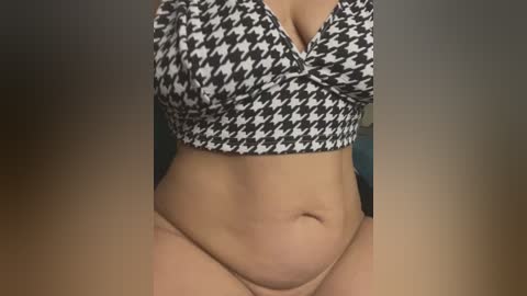 A video of a woman's torso in a black-and-white houndstooth crop top, revealing her pale, soft skin and a slight belly, against a blurred, dark background.