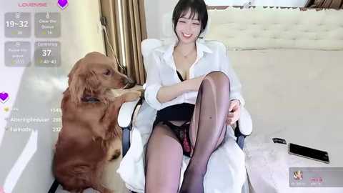 Media: Video of an Asian woman with short black hair, wearing a white shirt and black lingerie, sitting on a white chair, petting a brown dog, in a modern bedroom setting.