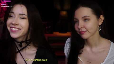 Video of two young women with fair skin, dark hair, and medium-sized breasts, smiling at each other, wearing casual attire. Background shows dim lighting and blurred objects.