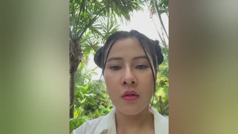 Media: Video of a young Asian woman with light brown skin and dark hair styled in Princess Leia buns. She wears minimal makeup and a white top. The background features lush greenery and tall palm trees, suggesting a tropical or jungle setting.