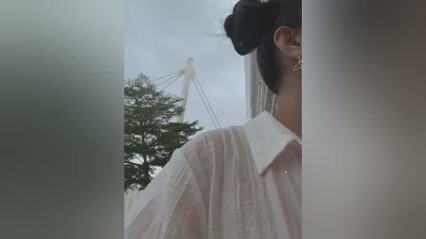 Media: A video captures a woman with a dark bun and white shirt, partially obscured by a vertical pillar. A tall, green tree and a cable-stayed bridge are visible in the background under a cloudy sky.