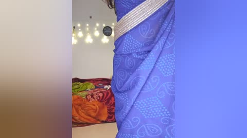 Media: A video of a person's lower torso in a blue sari with intricate patterns, standing near a bed with a red and orange floral blanket. A string of warm, glowing lights hangs in the background.