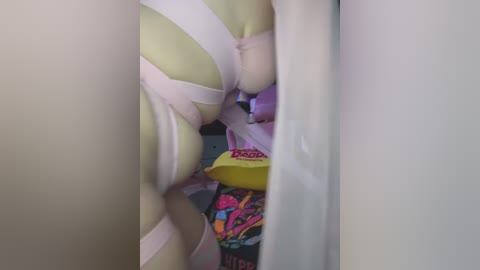 Media: Video of a close-up view of a person's legs in light pink and white striped underwear, with a colorful bag of Doritos and a colorful shirt partially visible in the background.