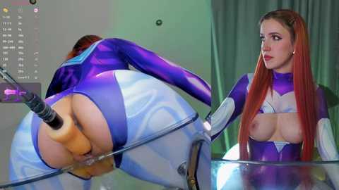 Media: Video of two women in tight, futuristic purple and white bodysuits, one bent over with a dildo inserted, the other observing. Background shows a green curtain and a computer screen.