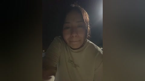 Media: A dimly lit video of a young Asian woman with light brown hair, wearing a gray t-shirt, leaning against a wooden post in a dark, possibly rural, setting.