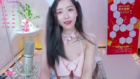 Media: Video of an East Asian woman with long black hair, wearing a pink bow tie top, sitting in front of a microphone. Background includes a calendar, a poster, and fairy lights.