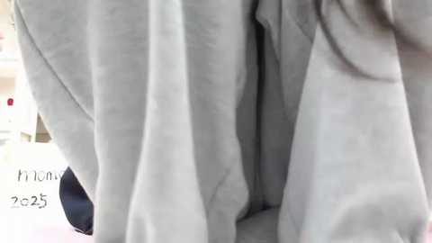 Media: Video of a close-up of a person\u2019s lower torso covered in a soft, grey blanket. The fabric is smooth and slightly crumpled, revealing a hint of light skin beneath. The background is blurred, with indistinct objects and soft lighting.