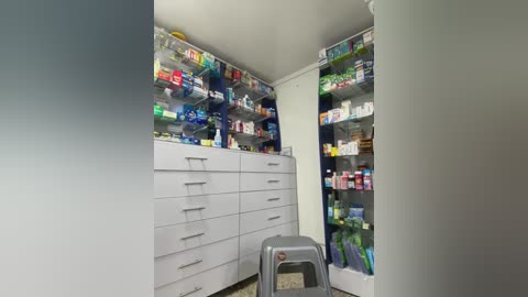 Media: Video of a compact, organized pharmacy interior. White cabinets hold numerous medicine bottles and boxes. A gray metal stool sits in the center.