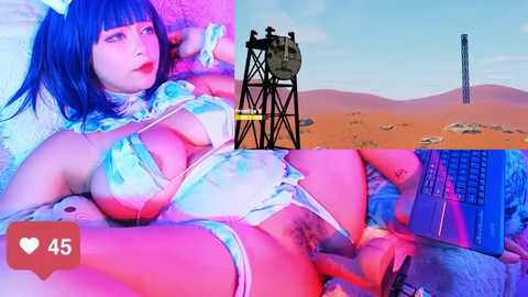 Media: A vibrant video collage featuring a blue-haired woman in a revealing bikini, a desert landscape, and a space scene, with a video recording symbol in the corner.