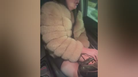 Media: A video shows a woman with long dark hair, wearing a beige fur coat, seated in a car. She holds a black purse and a black shoe. The background is blurred, with greenish hues.