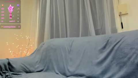 Media: Video of a modern living room with a gray sofa covered by a blue blanket. Behind the sofa, sheer white curtains cover a window, and a flat-screen TV displays a video game character.