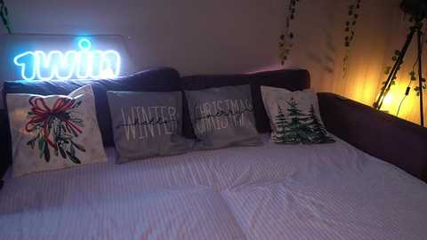 Media: A video of a cozy bedroom with a bed adorned with gray pillows featuring \"WINTER\" and \"CHRISTMAS\" text, and festive winter-themed pillows. A glowing \"Welcome\" sign and fairy lights add warmth, creating a festive, inviting atmosphere.