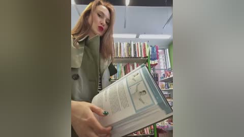 Media: Video of a woman with long red hair, wearing a light green coat, reading a book in a brightly lit, book-filled room with green shelves.