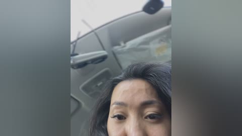 Media: A video captures a close-up of an Asian woman's face in a car. She has long, black hair and is looking down. The car's interior is visible with a steering wheel and gearshift. The background is blurred.