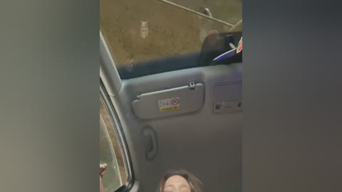 Media: Video of a woman's feet in a train, with her legs and part of her torso visible. The interior is light gray, with a small compartment containing a red and white sticker. The background shows a blurred view of a grassy area outside the window.