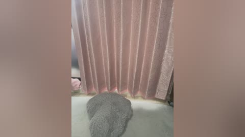 Media: Video of a fluffy gray bath towel hanging on a pink, textured shower curtain in a bathroom.