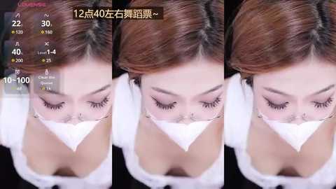 Media: Three-panel video of an Asian woman with light brown hair, wearing white lace lingerie, gagged with a white cloth, eyes closed, and lips sealed, with digital overlays displaying time and temperature.