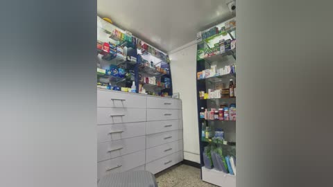 Media: A video of a compact, well-organized medicine cabinet with white drawers and shelves, filled with various over-the-counter medications, bottles, and boxes.