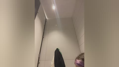 Media: Video of a person standing in a narrow, tiled bathroom with white walls and ceiling. The individual wears black shoes with a green sole and a purple headband.