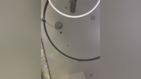 Media: Video of a modern, white-walled room with a spiral staircase and a circular, white ceiling light fixture. The spiral staircase has a metal railing and a central column. The floor has a speckled, metallic finish.