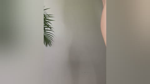 Media: Video of a nude woman with fair skin, seen from the side, partially obscured by a green palm leaf. The background is a soft gradient of beige and light gray.