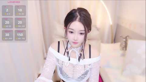 Media: Video of a fair-skinned, East Asian woman with dark hair, wearing a sheer, white lace top, seated in a bathroom.