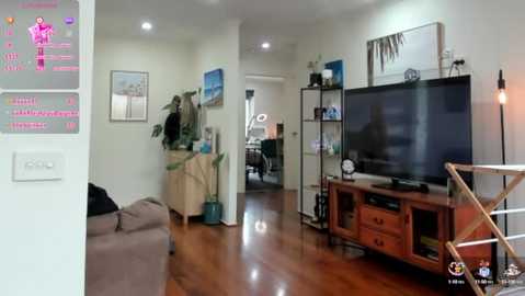 Media: Video of a modern, bright living room with hardwood floors, white walls, a large flat-screen TV on a wooden stand, a pink exercise bike, and a minimalist decor.