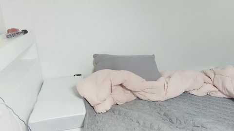 Media: Video of a minimalist, modern bedroom with a white bed, a gray blanket, and a pink duvet, featuring a person curled up in a fetal position. The room has a white wall and a shelf with books.