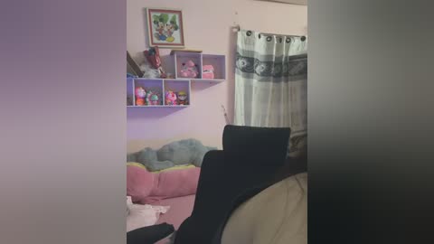 Media: Video of a cluttered bedroom with pink and green pillows, a stuffed animal shelf, a bed with beige and black covers, and a white curtain with a floral pattern.