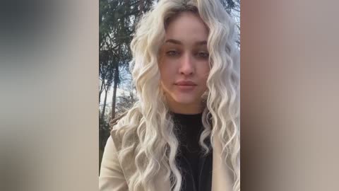 Media: Video of a young woman with long, wavy platinum blonde hair, fair skin, and light makeup. She wears a beige jacket over a black top, standing outdoors with blurred greenery and trees in the background.