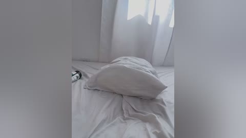 Media: A video of a minimalist bedroom with white walls, a single bed, and a white pillow in the center. The room is bathed in soft natural light through sheer white curtains, creating a serene and clean atmosphere.