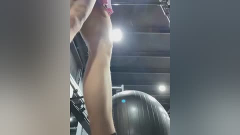 Media: Video of a woman in a red dress lifting a dumbbell in a gym, with a large exercise ball in the background.