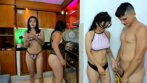 Media: Video of two young Asian women in a modern kitchen, one wearing a bikini, the other nude, holding a banana.