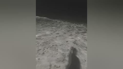 Media: A black-and-white video shows a lone person walking along a beach, facing the camera, with foamy waves in the background and a dark, stormy sky overhead.