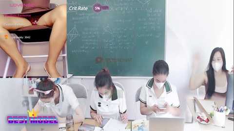 Media: Video collage featuring three Asian women in a classroom setting. Left: woman sitting on chair, legs crossed, wearing a hat and pink glasses. Center: two women wearing face masks, writing on a desk. Right: woman sitting, wearing a mask, looking at a laptop.