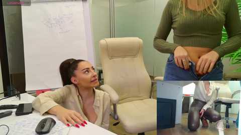 Media: Video of a woman in an office with a green sweater, undone jeans, and a whiteboard behind her, with three smaller images of her undressing.