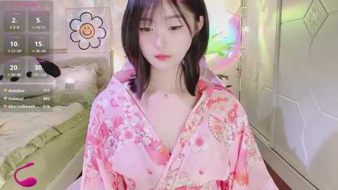 Media: Video of a fair-skinned Asian woman with straight black hair, wearing a pink floral robe, standing in a dimly lit bedroom with a bed, dresser, and digital clock.