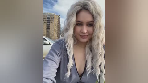 Media: A video of a blonde woman with long, wavy hair, wearing a low-cut, gray top, standing in front of a beige building with a blue sky and tall, brown buildings in the background.