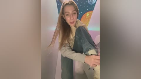 Media: Video of a young woman with light skin, straight brown hair, and blue jeans, sitting in a dimly lit room with a dark wall and a colorful, starry tapestry behind her.