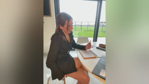 Media: A video of a woman in a pinstriped dress, sitting at a table with a pen, in a modern, bright room with large windows overlooking a grassy field.