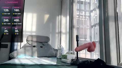 Media: Video of a futuristic, cluttered room with a large, pink, erect penis-shaped lamp on a desk next to a stuffed animal, a white robot, and a computer screen displaying a \"LOVE\" message.