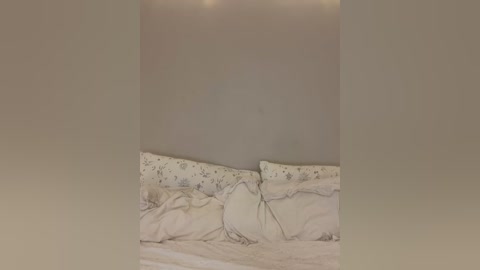 Media: A video of a messy bed with rumpled white sheets and pillows adorned with floral patterns. The room has beige walls and a soft, ambient light, creating a serene yet slightly disheveled ambiance.