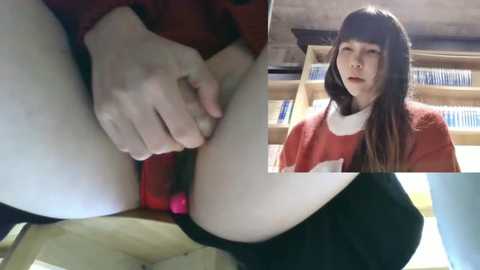 Media: Video collage featuring close-up of a hand pulling down black pants, revealing underwear, and a woman in a red sweater in a library.