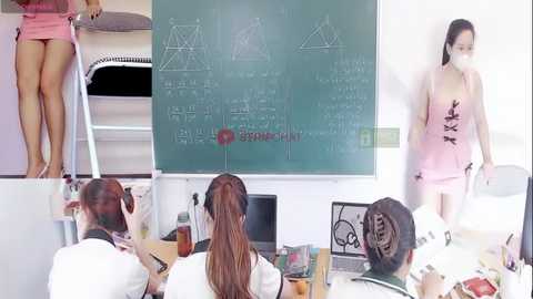 Media: A video collage featuring an Asian woman in a pink dress teaching math, a woman in a pink dress with a mask, and a man in a white shirt with a beard.