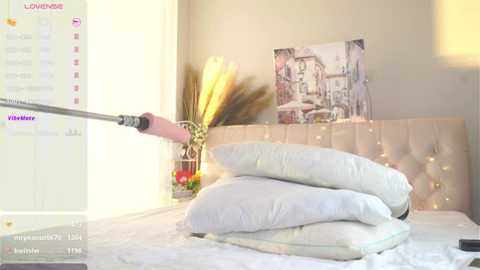 Media: Video of a bright, modern bedroom with white bedding, a beige tufted headboard, a vase of tall dried grass, and a framed Parisian street scene on the wall.