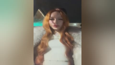 Media: A video of a fair-skinned woman with long, wavy red hair, wearing a white sweater, pouting slightly, set against a dark background.